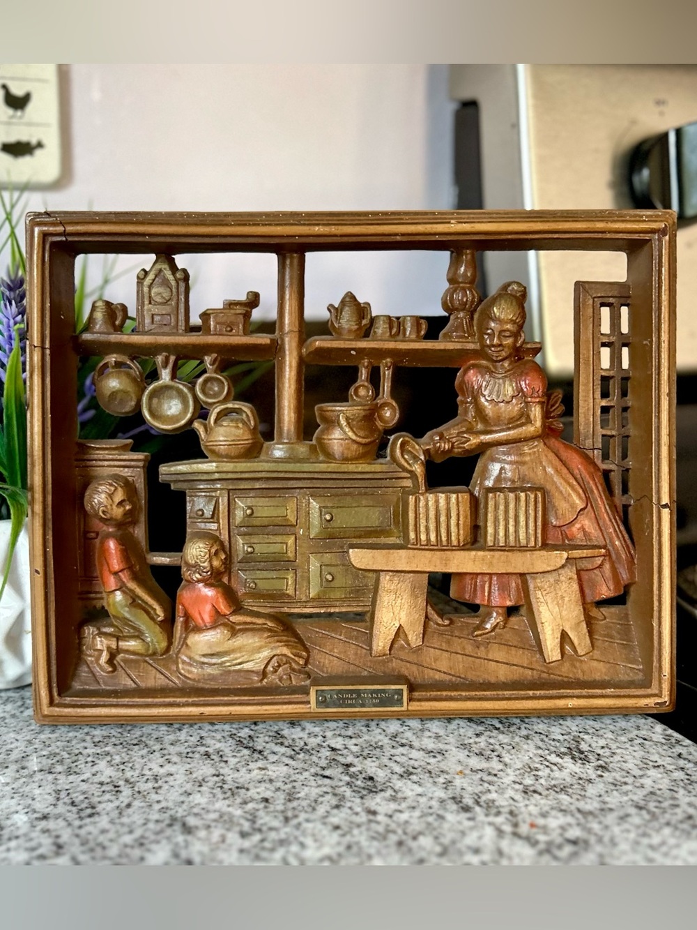 Vintage Still Life Circa 1750 Scened Carved Kitchen Candle Making Scene